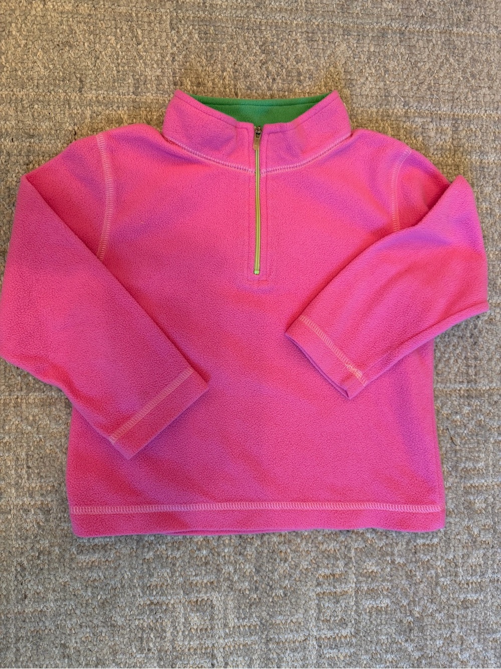 EUC L.L. Bean Girls Bright Pink Half-Zip Fleece Top with Green Trim 4T